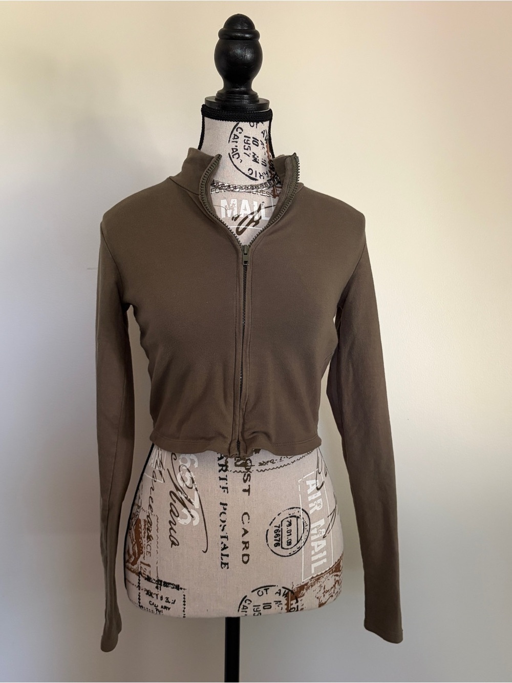 Garage olive green long sleeve cropped zip up sweater
